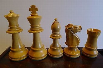 Antique Large Antique English Weighted Boxwood Chess Set With Storage Box c.1910