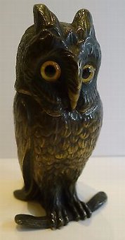 Antique Figural Inkwell - Cast Brass or Bronze Owl With Glass Eyes c.1890