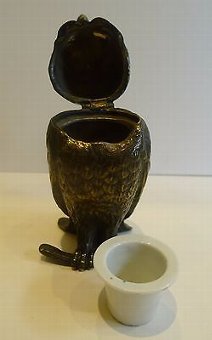 Antique Antique Figural Inkwell - Cast Brass or Bronze Owl With Glass Eyes c.1890