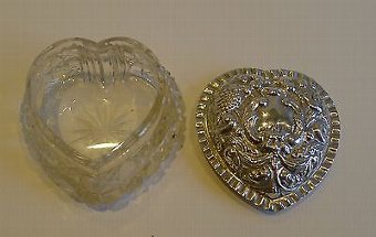 Antique Antique English Cut Crystal Heart Shaped Box - Sterling Silver Lid