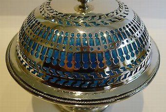 Antique Antique English Silver Pierced Silver Plate Covered Dish - Original Blue Glass