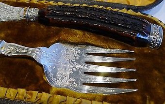 Antique Magnificent & Grand Antler Horn & Silver Fish Servers - 1886