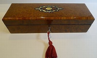 Antique Antique French Burr Cedar Glove Box c. 1870 - Original Tufted Silk Interior