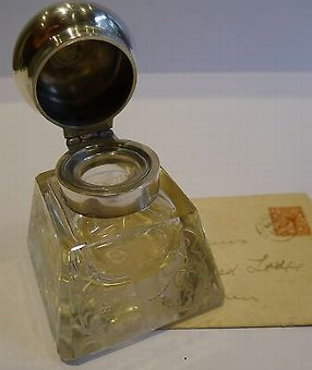 Antique Antique English Engraved Crystal & Sterling Silver Inkwell - 1912