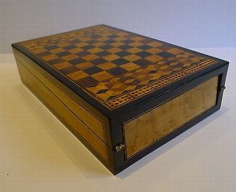 Antique Rare Antique English Tunbridge Ware Games Box / Chess / Table Bagatelle c.1860