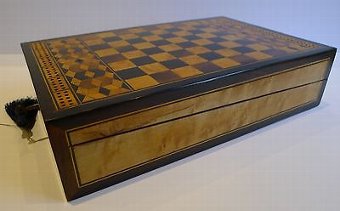 Antique Rare Antique English Tunbridge Ware Games Box / Chess / Table Bagatelle c.1860