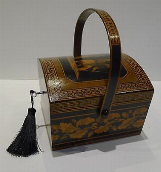 Antique Wonderful Antique English Penwork Sewing Box / Basket c.1820