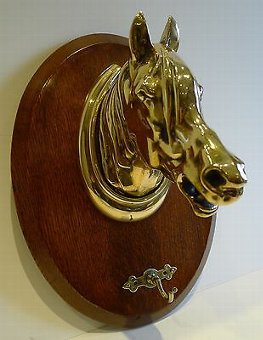 Antique Antique English Oak & Brass Equestrian Crop Hook - Horse's Head c.1890