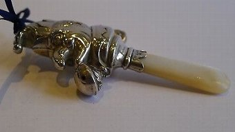 Antique Mr. Punch English Sterling Silver Baby Rattle - Mother of Pearl Handle - 1934