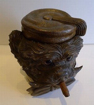 Antique Magnificent Black Forest Carved Linden Wood Terrier Tobacco Box c.1880