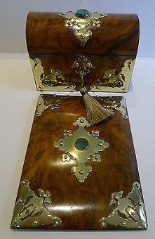 Antique Antique Burl Walnut Desk Set - Brass & Malachite Mounted c.1860