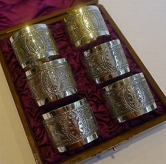 Antique Set Six Antique English Napkin Rings In Original Oak Presentation Box c.1890