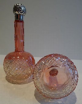 Antique Rare Pair Antique Cut Glass & Sterling Silver Perfume Bottles - Cranberry - 1896