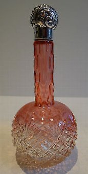 Antique Rare Pair Antique Cut Glass & Sterling Silver Perfume Bottles - Cranberry - 1896