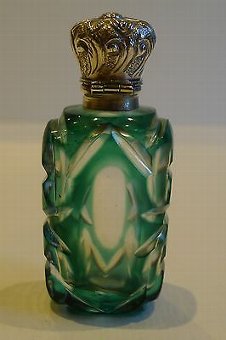 Antique Antique English Green Overlay Glass Perfume Bottle - Sterling Silver c.1890