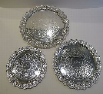 Antique Fabulous Set Three Graduated Silver Plated Salvers / Trays c.1860