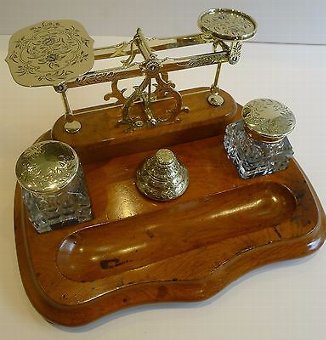 Antique Fabulous Antique English Inkwell / Inkstand With Postage Scales c.1860