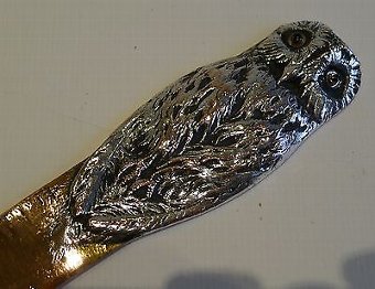 Antique French Copper / Silver Plate Letter Opener or Paper Knife - Signed - Owl