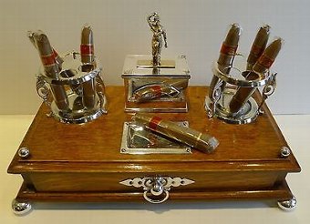 Antique Antique English Oak & Silver Plated Cigar Box c.1890