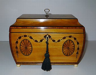 Antique George III Bombe Fruitwood Tea Caddy With Fan Paterae & Garland Inlay c.1810