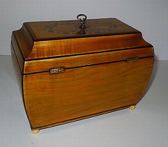 Antique George III Bombe Fruitwood Tea Caddy With Fan Paterae & Garland Inlay c.1810