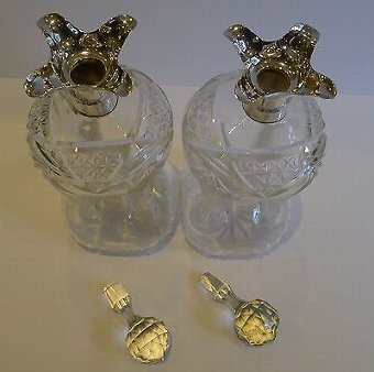 Antique Fine Pair of Cut Crystal & Sterling Silver Decanters by William Hutton & Sons