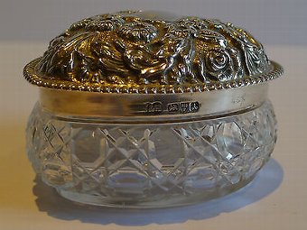 Antique Pretty Antique Cut Glass & Sterling Silver Heart Box - Chester 1901