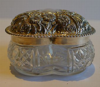 Antique Pretty Antique Cut Glass & Sterling Silver Heart Box - Chester 1901