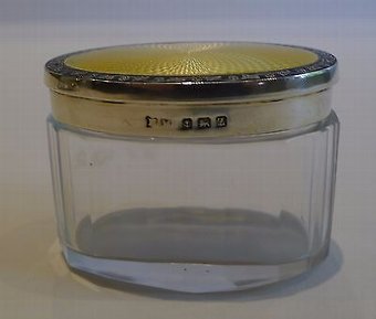Antique Vintage English Sterling Silver & Guilloche enamel Lidded Vanity Jar