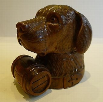 Antique Antique Black Forest Figural (Dog) Inkwell With Whisky Barrel c.1890