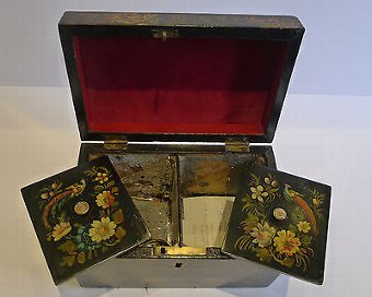 Antique Antique English Painted Papier Mache Tea Caddy c.1850