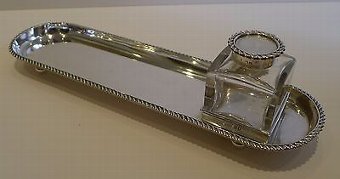 Antique Antique English Sterling Silver Inkwell / Pen Tray / Desk Tidy - 1910