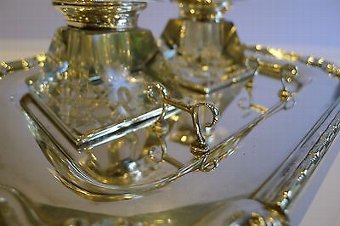 Antique Handsome Antique English Inkstand in Silverplate & Cut Crystal c.1900