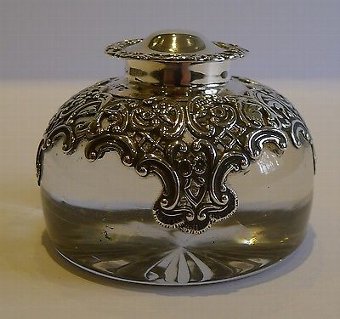 Antique English Glass & Sterling Silver Inkwell by William Comyns - 1895