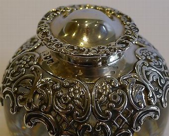 Antique English Glass & Sterling Silver Inkwell by William Comyns - 1895