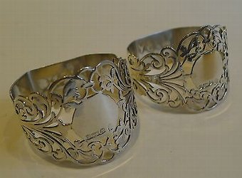 Antique Stunning Pair Antique English Sterling Silver Napkin Rings - 1911