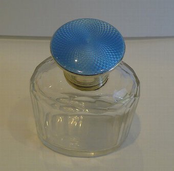 Antique Sterling Silver & Blue Guilloche Enamel Lidded Cologne Bottle - 1929