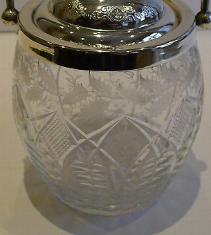 Antique Antique English Cut Crystal & Silver Plated Biscuit Box / Barrel c.1890