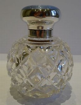 Antique Antique English Cut Crystal, Sterling Silver & Guilloche Enamel Perfume Bottle