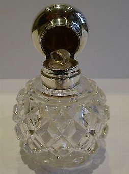 Antique Antique English Cut Crystal, Sterling Silver & Guilloche Enamel Perfume Bottle