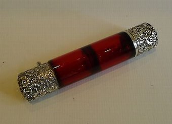 Antique Antique English Double Ended Ruby Red Perfume Bottle - Victorian Sterling Silver