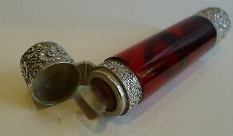 Antique Antique English Double Ended Ruby Red Perfume Bottle - Victorian Sterling Silver