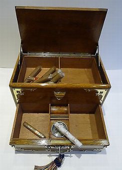 Antique Antique English Brass Mounted Oak Automated Cigar Box / Humidor - 1890