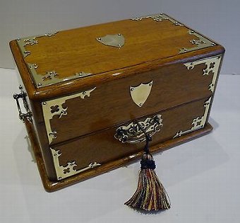 Antique Antique English Brass Mounted Oak Automated Cigar Box / Humidor - 1890