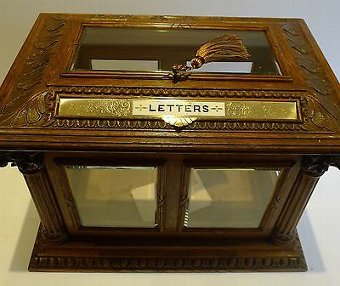 Antique Antique English Carved Oak Letters / Postal Box by Halstaff & Hannaford, London
