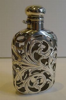 Antique Unusual Antique Sterling Silver Overlaid Hip / Liquor Flask c.1900