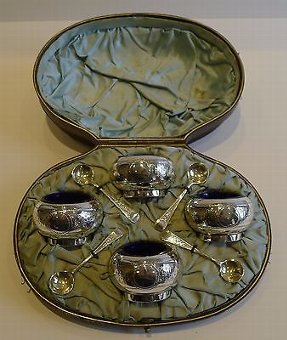 Antique Boxed Set Antique English Sterling Silver Open Salts & Spoons - 1881