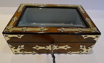 Antique Brass Mounted Burl Walnut Jewelry Box c.1860 - Glazed Lid