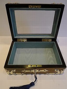 Antique Brass Mounted Burl Walnut Jewelry Box c.1860 - Glazed Lid