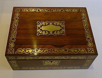 Antique English Regency Jewelry or Desk Box - Cut Brass Inlaid c.1820